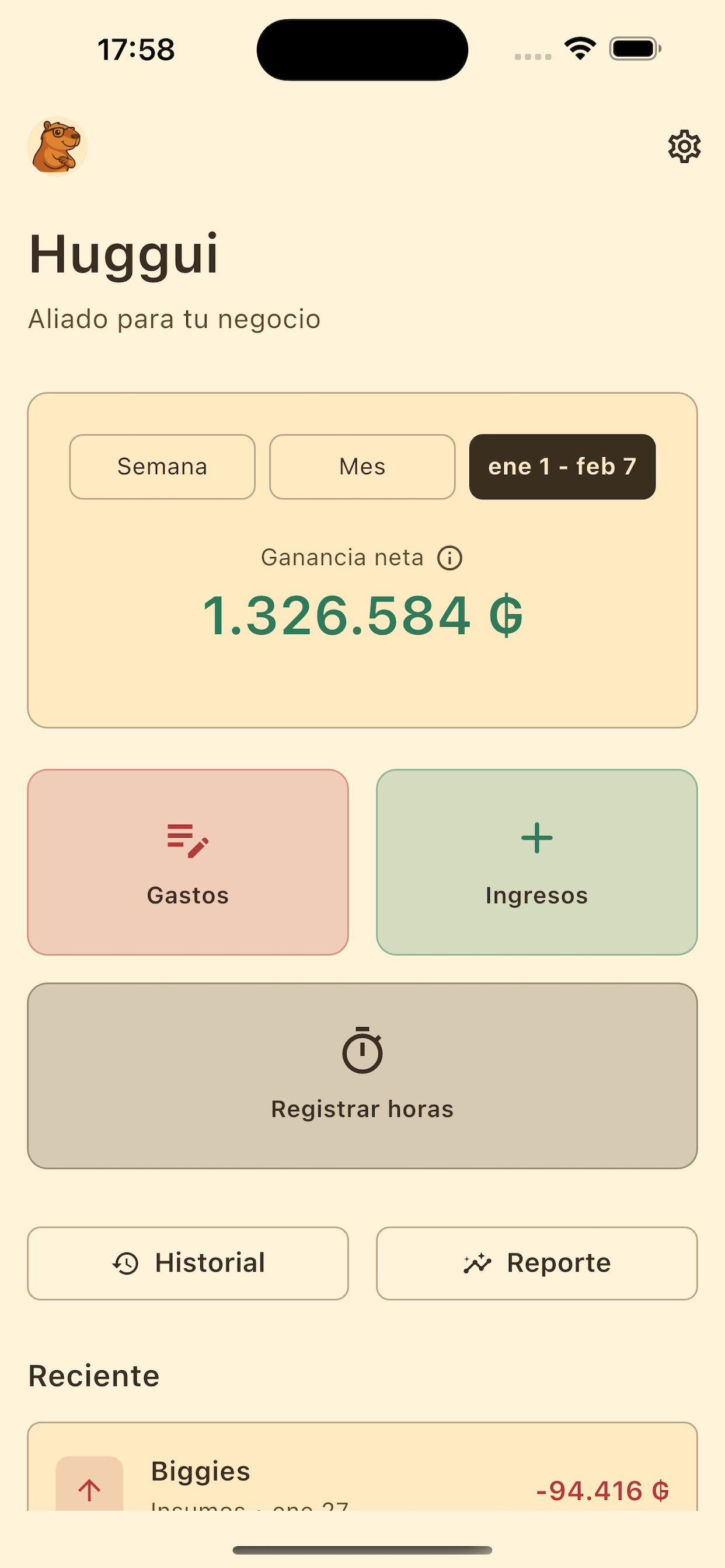 Pantalla principal de Huggui mostrando la ganancia neta de un vistazo