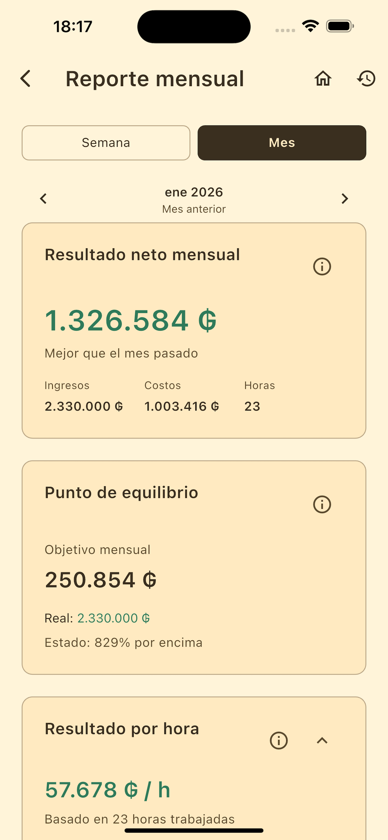 Reporte mensual de Huggui con ingresos, costos, horas y ganancia por hora